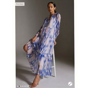 Anthropologie The Marais Printed Chiffon Maxi Dress Long Sleeve White Blue Pink